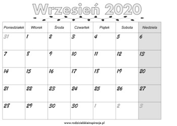Wrzesień 2020 kalendarz PDF do druku