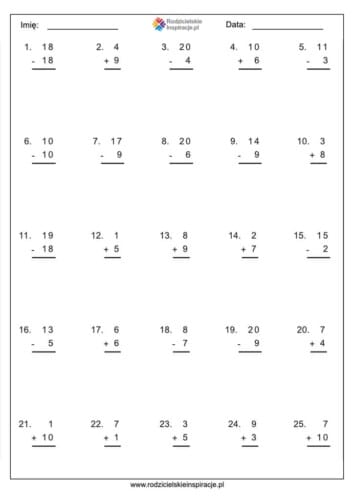 dodawanie i odejmowanie 20 do druku