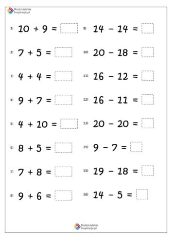 dodawanie i odejmowanie do 20 karty pracy 6