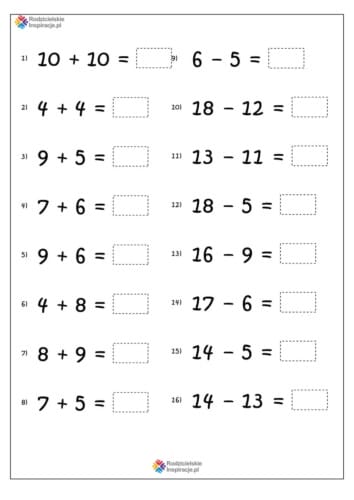 dodawanie i odejmowanie do 20 karty pracy