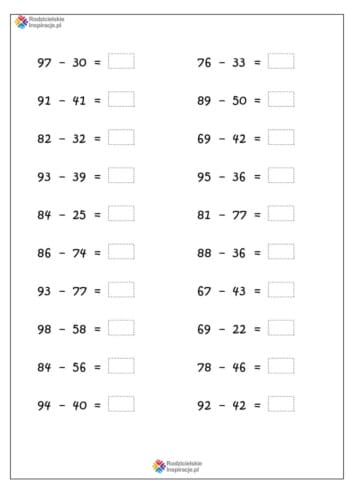 odejmowanie w zakresie 100 do druku