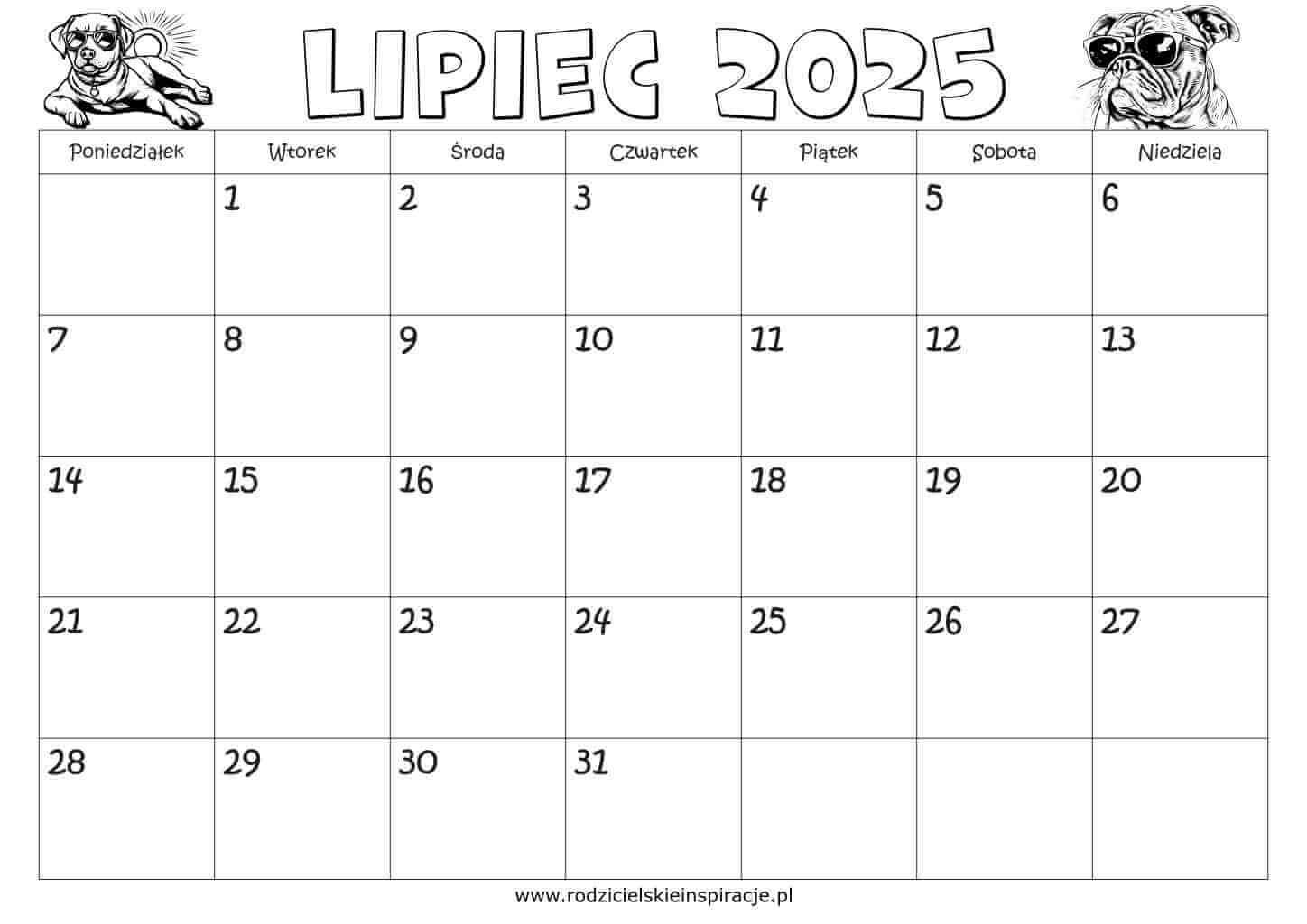 Lipiec 2025 kalendarz do druku