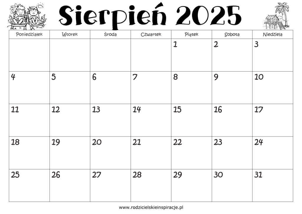 Kalendarz sierpień 2025 do druku