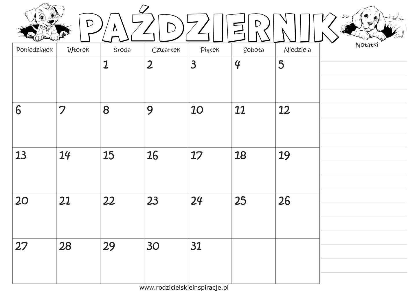 Październik 2025 rok. Kalendarz z notatkami